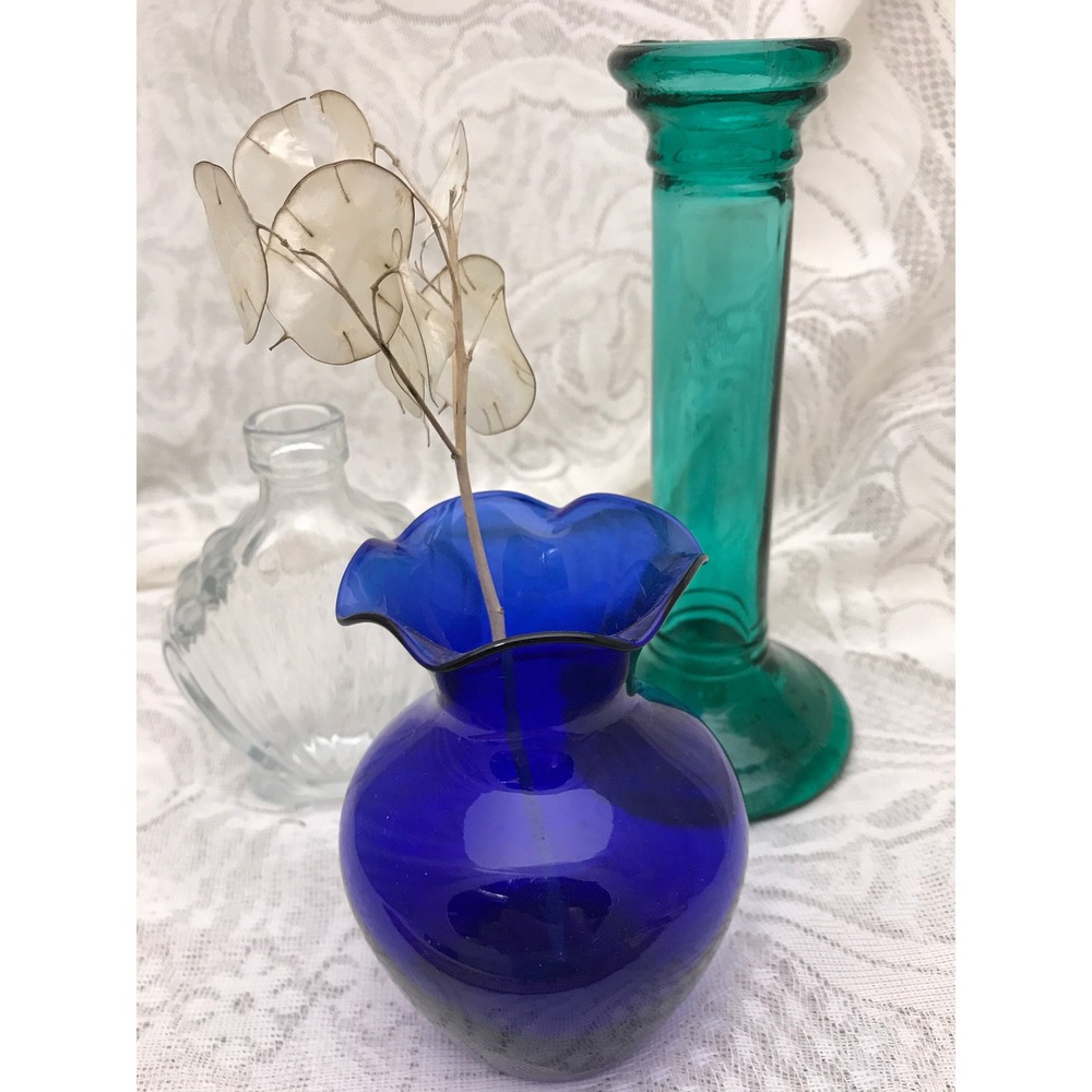 Vintage‎ Glass Vase Set: Cobalt, Teal, and Clear - Wedding Centerpiece